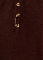 Long Sleeve Ruffle Henley Neck Shirring Top- Earth Brown - Image 3