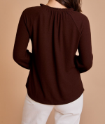Long Sleeve Ruffle Henley Neck Shirring Top- Earth Brown - Image 4