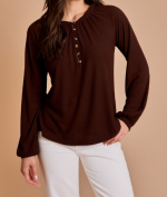 Long Sleeve Ruffle Henley Neck Shirring Top- Earth Brown