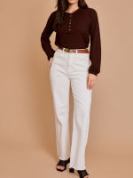 Long Sleeve Ruffle Henley Neck Shirring Top- Earth Brown - Image 2