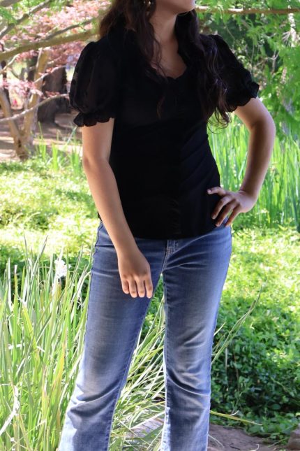 Ruffle Surplus Puff Sleeve Woven Top Black