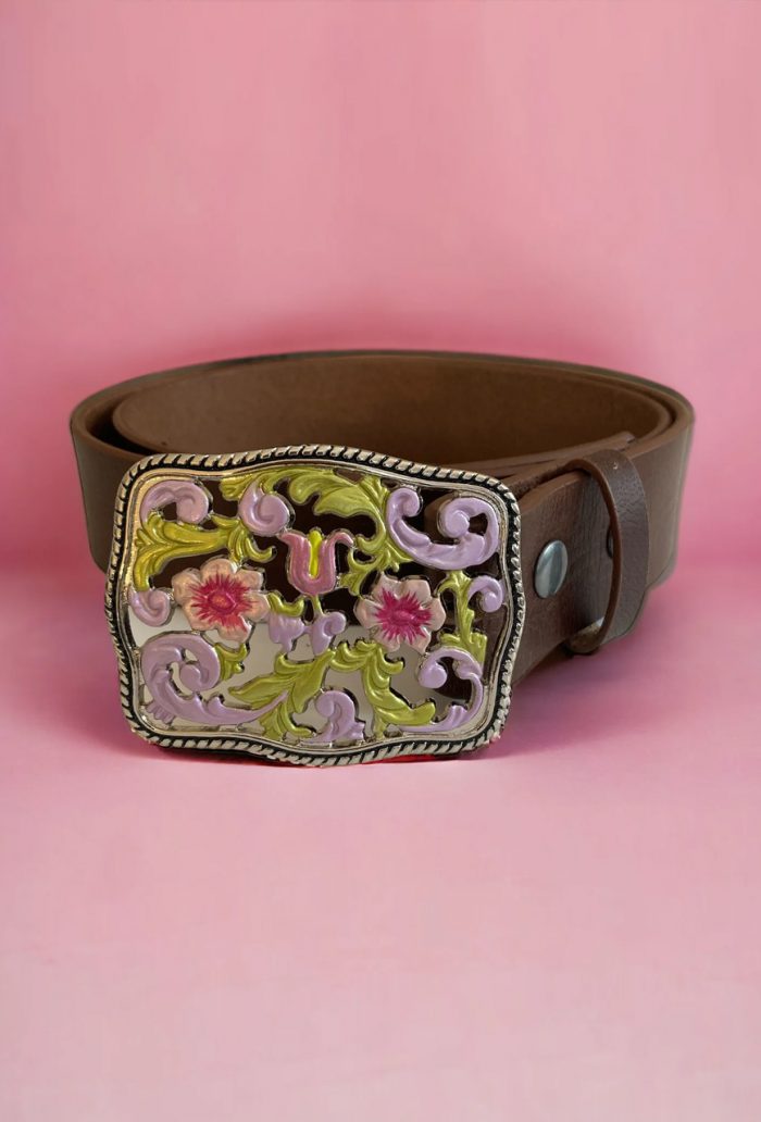 Florencia Genuine Leather Belt with Western Style Enamel Buckle Black 34'' - Image 1