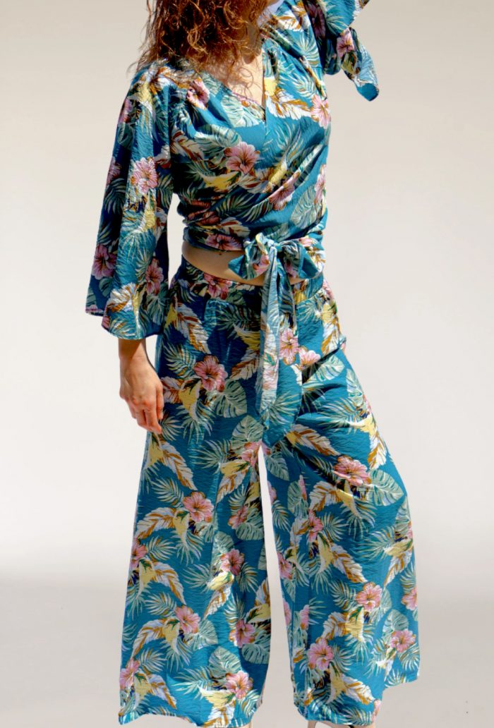 Tropical Print V Neck 3/4 Sleeve Wrap Top W Tie with Wide Leg Pants with Pockets - Image 1