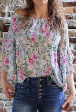Off-Shoulder Ruffle Sleeve Floral Printed Top VINE & LOVE
