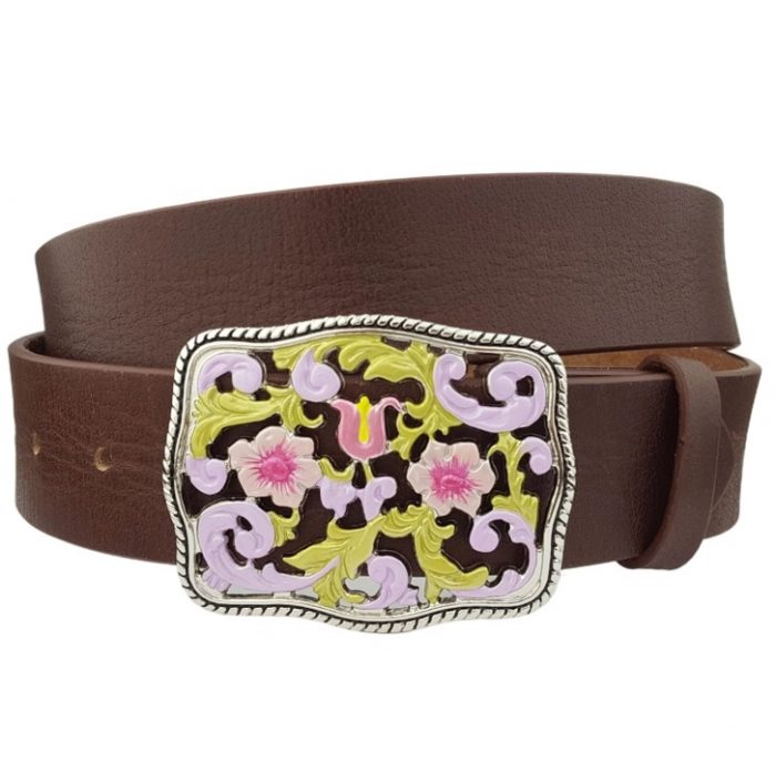 Florencia Genuine Leather Belt with Western Style Enamel Buckle Black 34'' - Image 2