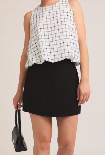 Round Neck Sleeveless Bubble Hem Grid Top GILLI
