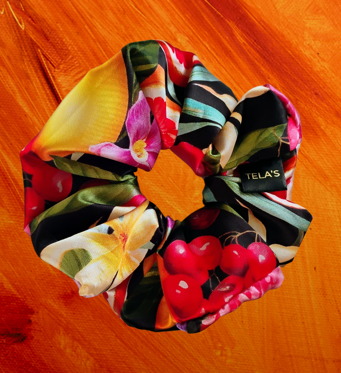 original.png Tropical Fruit on Black Silk Scrunchie - Image 1