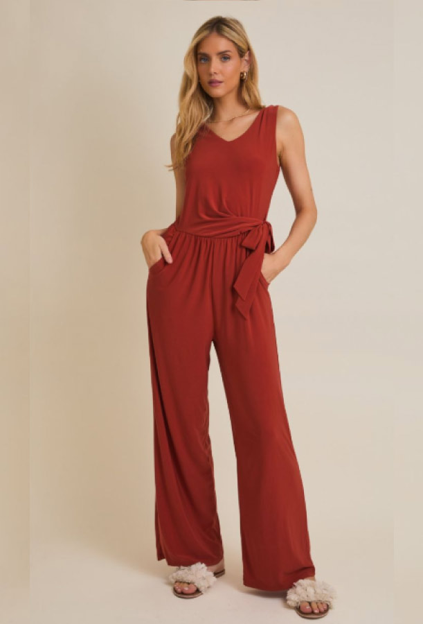 original.jpeg V-NECK SLEEVELESS WAIST TIE WIDE LEG JUMPSUIT - Image 1