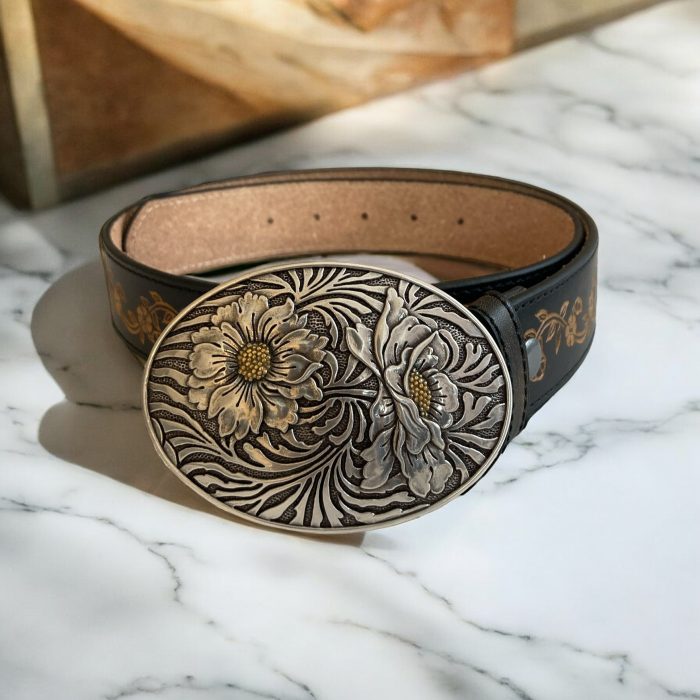 Roset Silver Buckle Genuine Leather Belt  34'' - Image 1