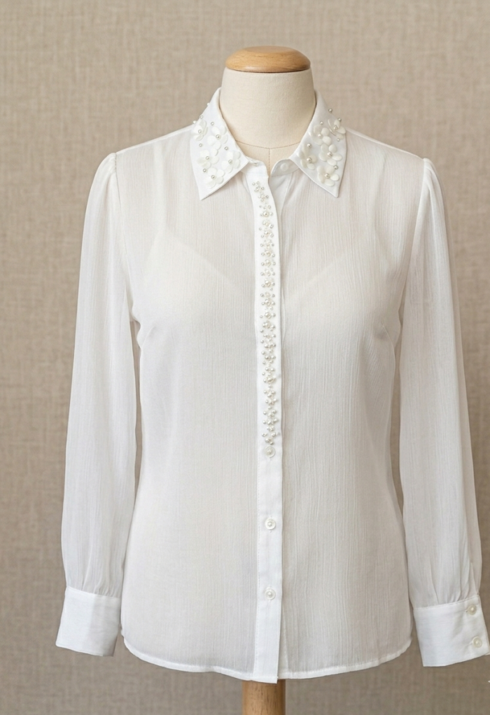 Ravel Pearl & Floral Appliqué Blouse - White, Wrinkle-Resistant - Image 1