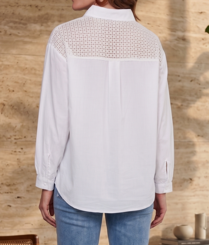 Coco Y Club Women’s Eyelet Embroidered Cotton Button Down – Off-White - Image 4