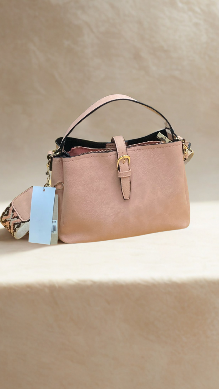 Blush Pink Convertible Handbag with Patterned Strap - Image 1