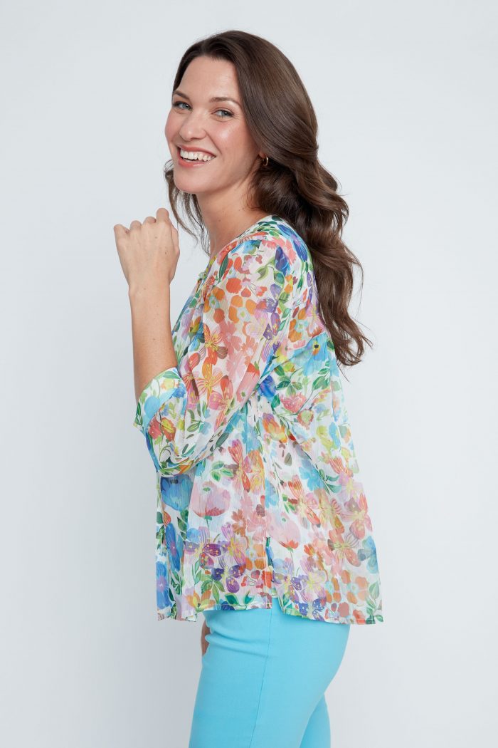 Renuar Ocean Combo Floral Puff-Sleeve Blouse with Cami Set - Image 6