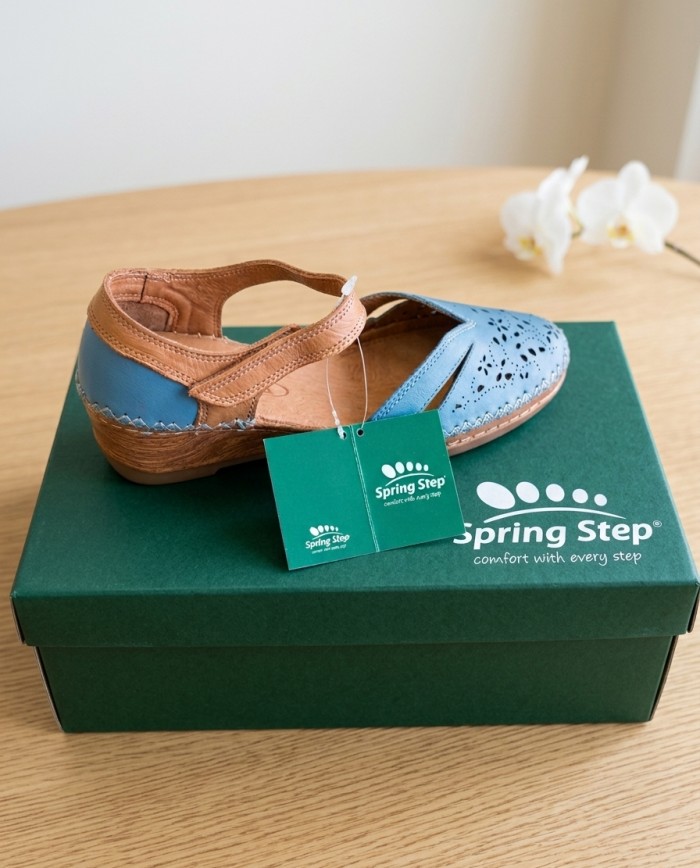 Spring Step Ezlyn - Leather Laser-Cut Wedge Sandal (Denim Multi) - Image 1