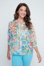 Renuar Ocean Combo Floral Puff-Sleeve Blouse with Cami Set