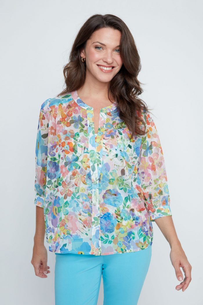 Renuar Ocean Combo Floral Puff-Sleeve Blouse with Cami Set - Image 1