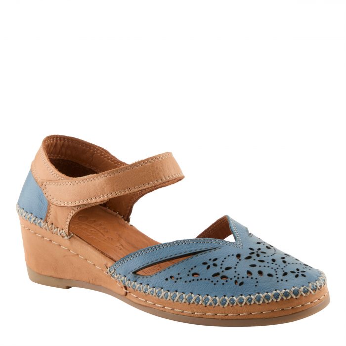 Spring Step Ezlyn - Leather Laser-Cut Wedge Sandal (Denim Multi) - Image 1
