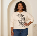 Democracy Plus-Size June Collection 3/4 Dolman Sleeve Scoop Neck Embroidered Knit Top