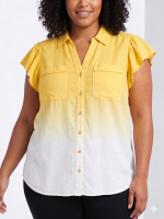Democracy Plus Size Spiced Ginger Linen-Blend Safari Blouse | Sun-Drenched Yellow Button-Down
