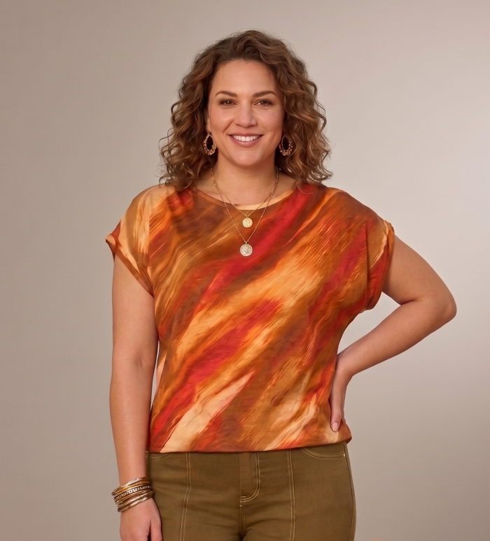 original.png Democracy Plus-Size June Collection Short Dolman Sleeve Smocking Scoop Neck Top โ Spiced Tea Multi - Image 1