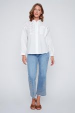 Coco Y Club Women’s Eyelet Embroidered Cotton Button Down – Off-White – Spring 2026 - Image 2