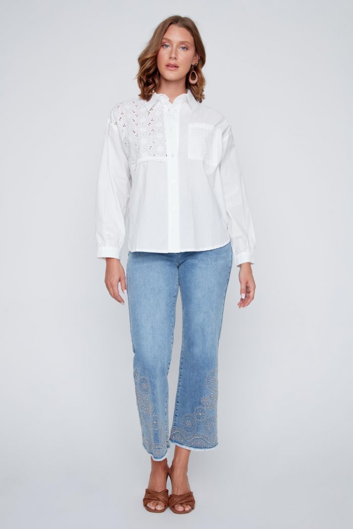 Coco Y Club Women’s Eyelet Embroidered Cotton Button Down – Off-White – Spring 2026 - Image 2
