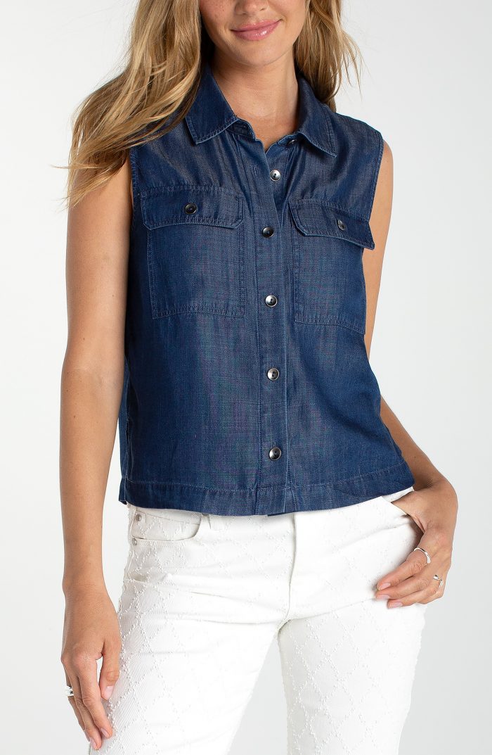 Liverpool Los Angeles "Serene Shore" Sleeveless Denim Button Top - Image 3