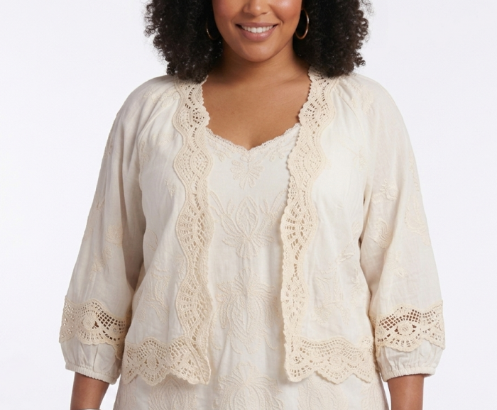 Democracy Plus 3/4 Blouson Sleeve Open Front Crochet Framing Crop Jacket - Image 1