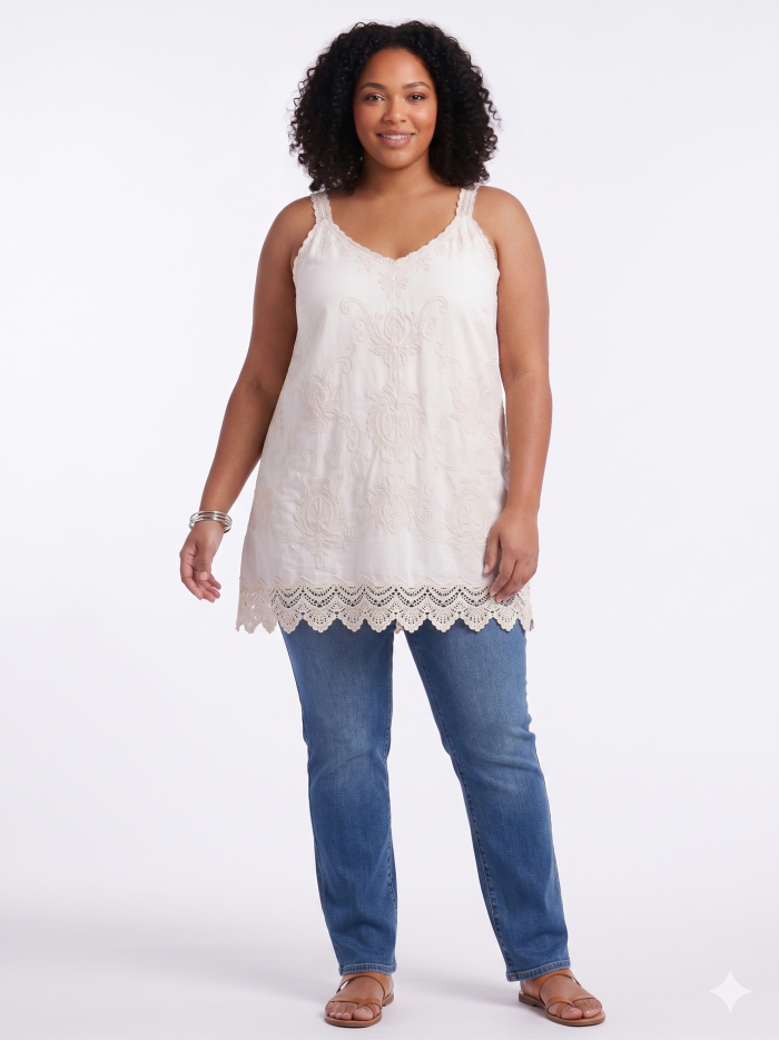 Democracy Plus Sleeveless V-Neck Embroidered Woven Tank with Scallop Edge Hem - Image 1