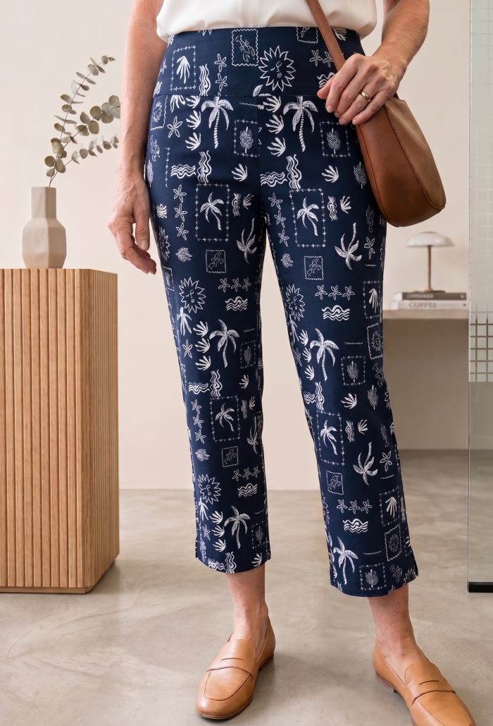 Zac & Rachel "The Ultimate" Pull-On Slim Leg Crop - Navy Coastal Woodblock - Image 1