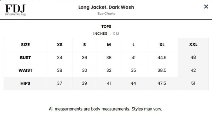 FDJ French Dressing Jeans tops size chart bust waist hips measurements XS to XXL