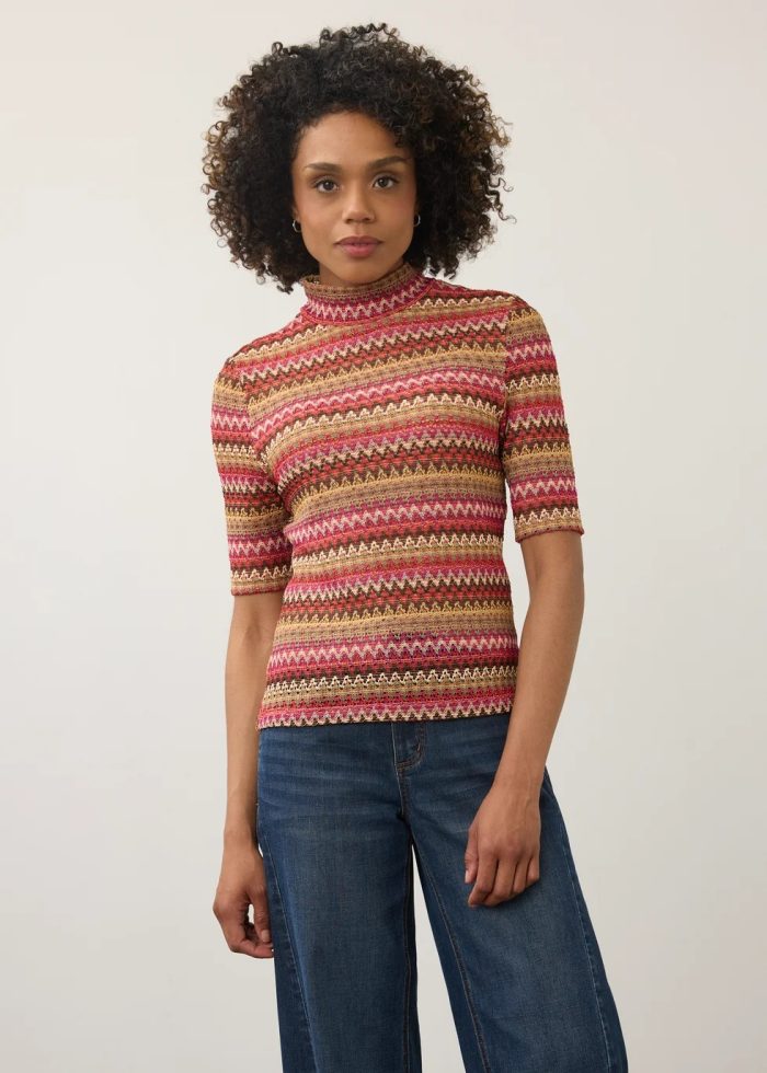 8f2d444ccd73277478f90b48e5e8919b-3521192_MULTI_1 FDJ Elbow Sleeve Mock Neck Top – Multilace - Image 1