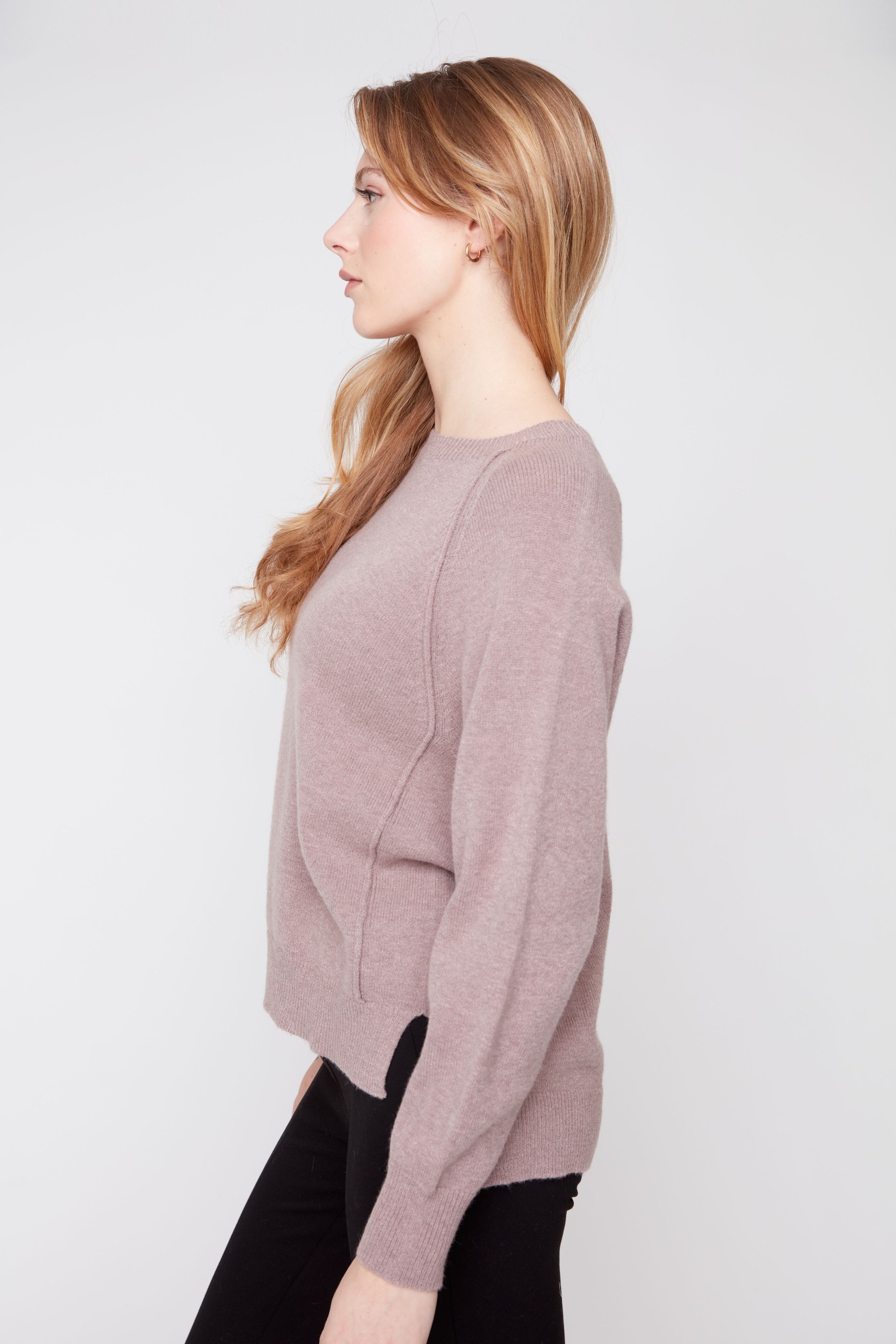 Renuar Essential Crew Neck Knit Sweater with Rib Detail in Soft Mauve Side Profile View at Tela's Boutique Fresno
