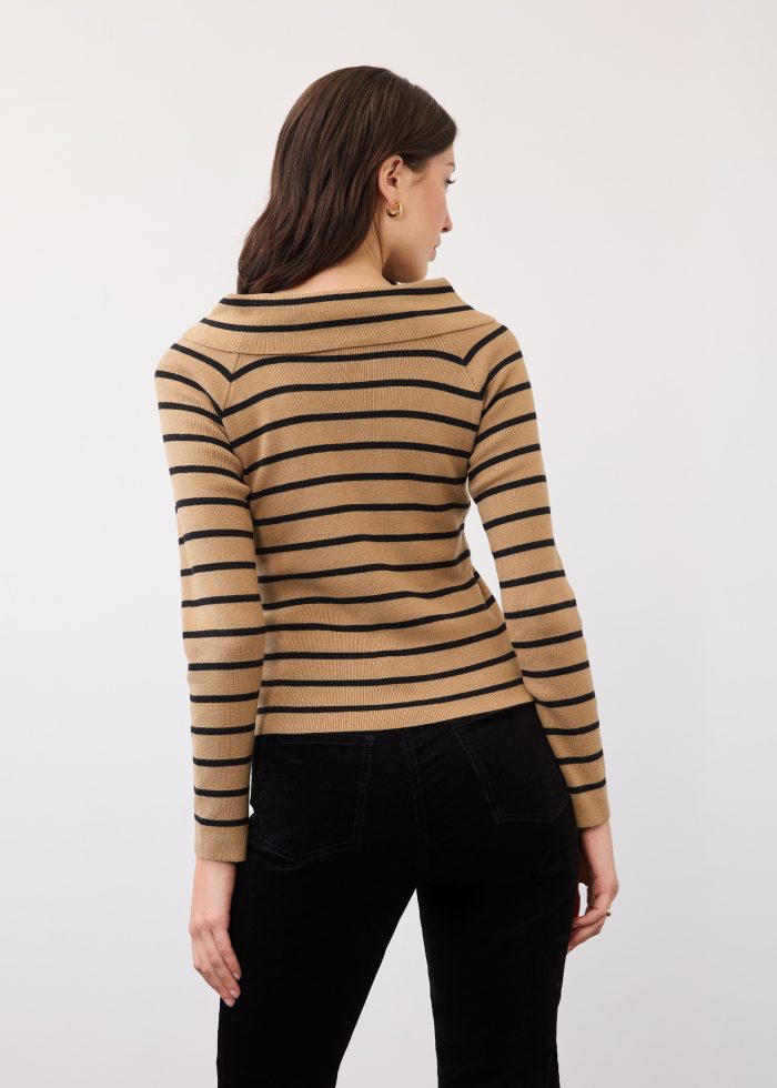 FDJ Long Sleeve Off The Shoulder Sweater, Caramel Stripe - Image 4