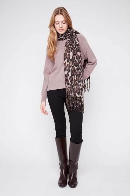 Renuar Essential Crew Neck Knit Sweater with Leopard Print Scarf and Tall Boots at Tela's Boutique Fresno