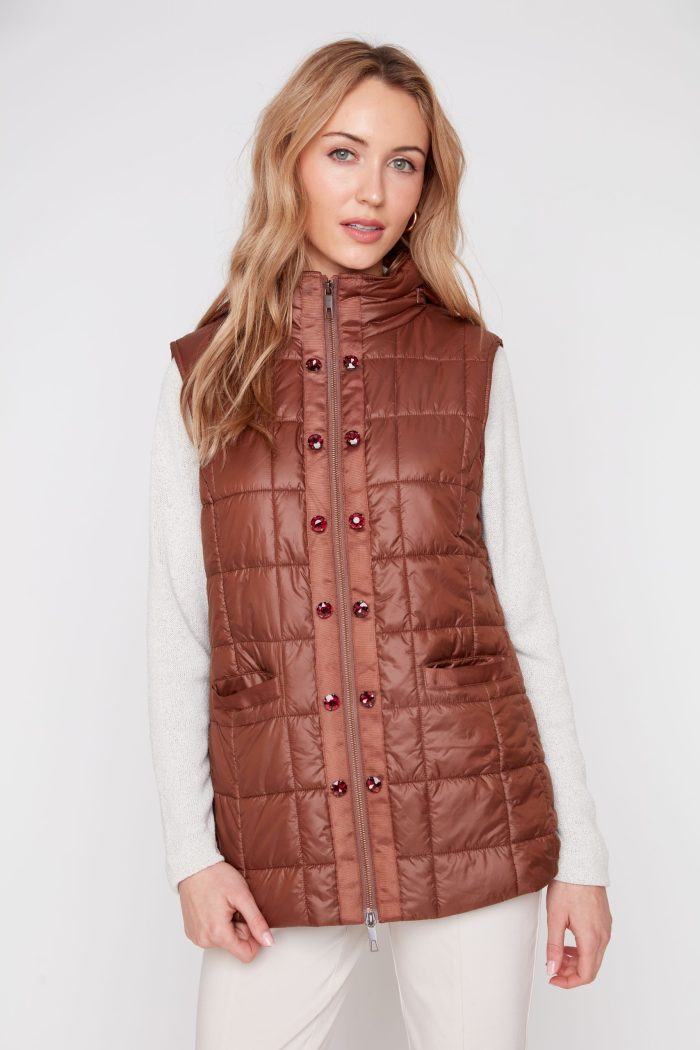 Renuar Luxe Quilted Vest Jewel Buttons Tiramisu Front View Renuar Luxe Quilted Vest with Jewel Buttons in Tiramisu Front View at Tela's Boutique Fresno
