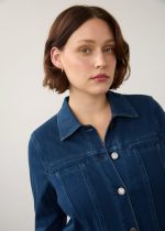 FDJ French Dressing Jeans long denim jacket Dark Wash collar and button detail portrait close up