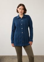 FDJ French Dressing Jeans long denim jacket Dark Wash front view thigh length fit