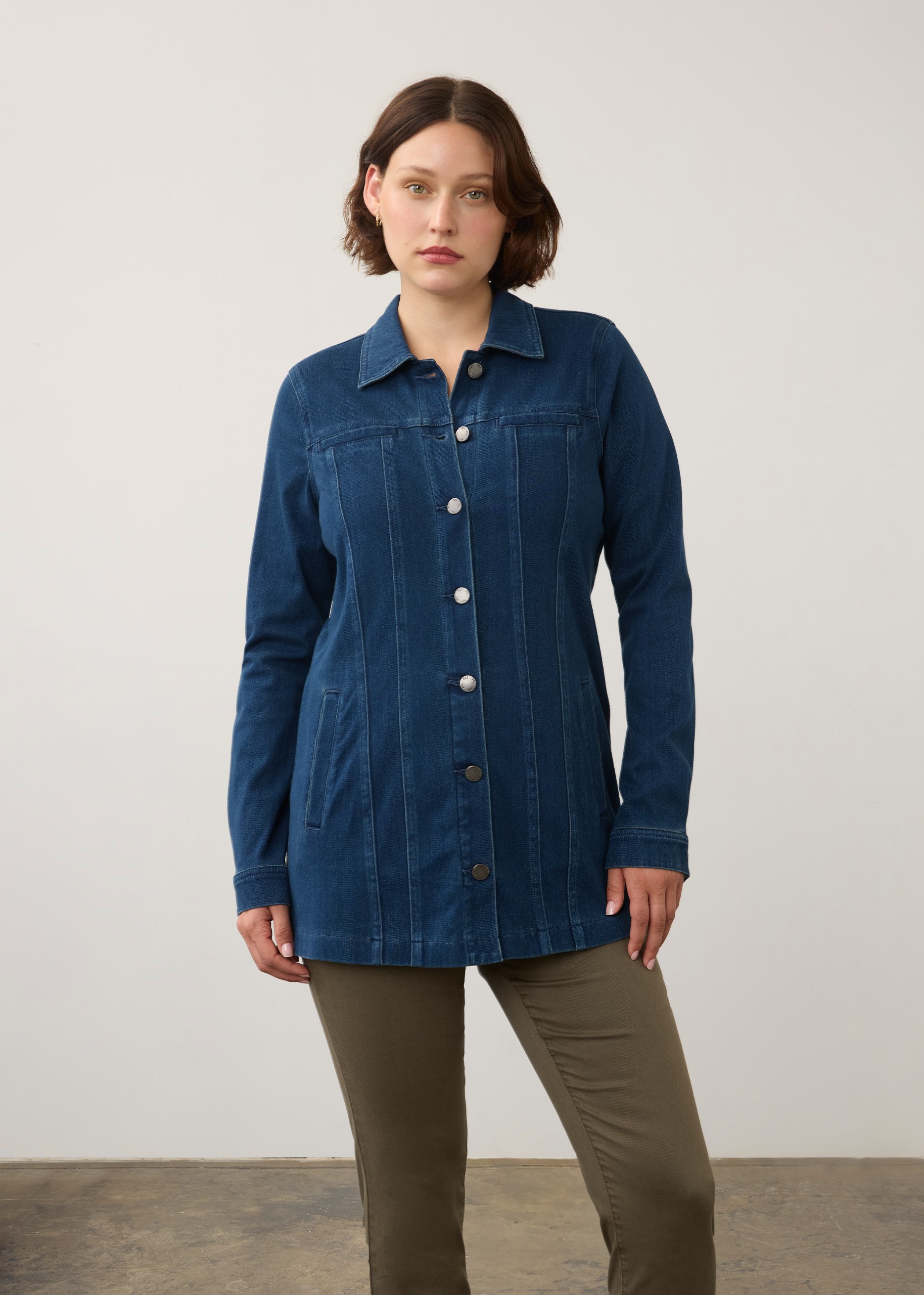 FDJ French Dressing Jeans long denim jacket Dark Wash front view thigh length fit