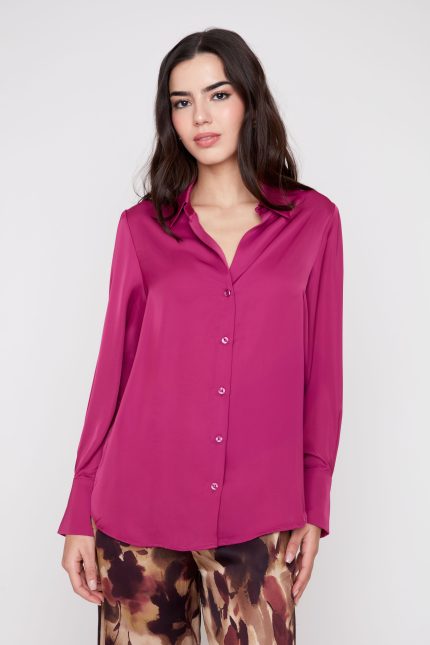 Renuar Silky Satin Long Sleeve Blouse in Boysenberry Close-up Front View at Tela's Boutique Fresno