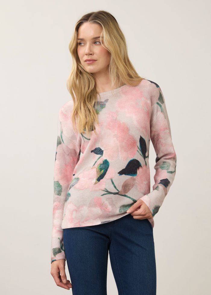 FDJ French Dressing Jeans Long Sleeve Printed Sweater De Winter Pink Front - Tela's Boutique FDJ French Dressing Jeans long sleeve crew neck printed sweater in De Winter Pink style 1788314 front angled view