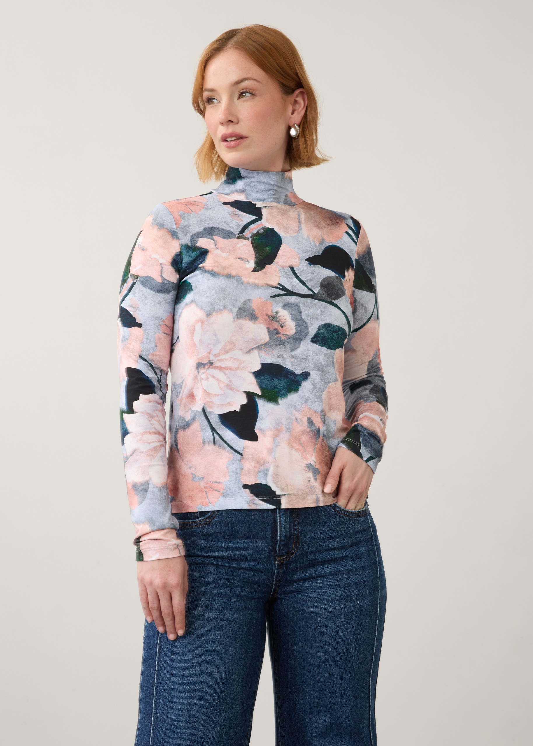 FDJ French Dressing Jeans long sleeve mock neck top in De Winter Pink floral style 3761756 model front view