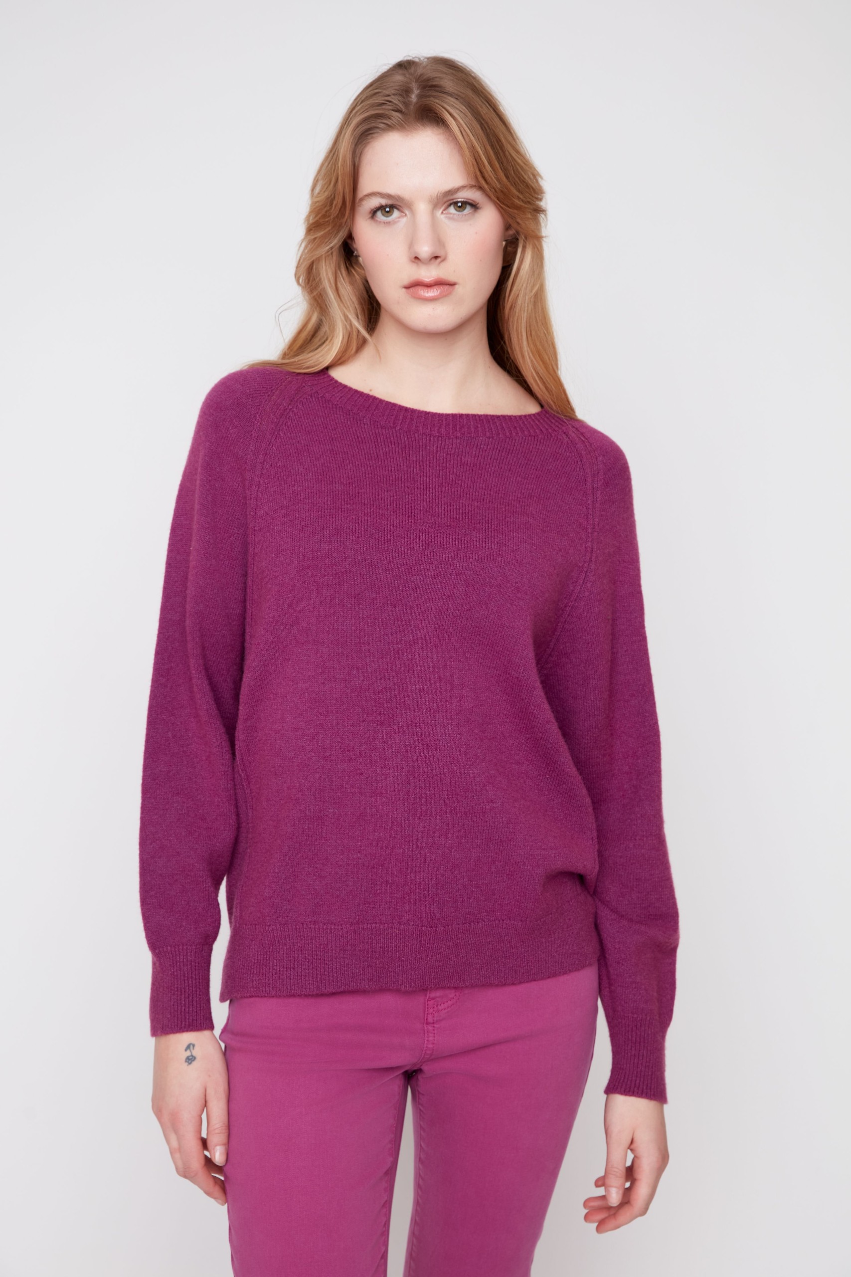 Renuar Essential Crew Neck Knit Sweater with Rib Detail in Heather Fig Front View at Tela's Boutique Fresno