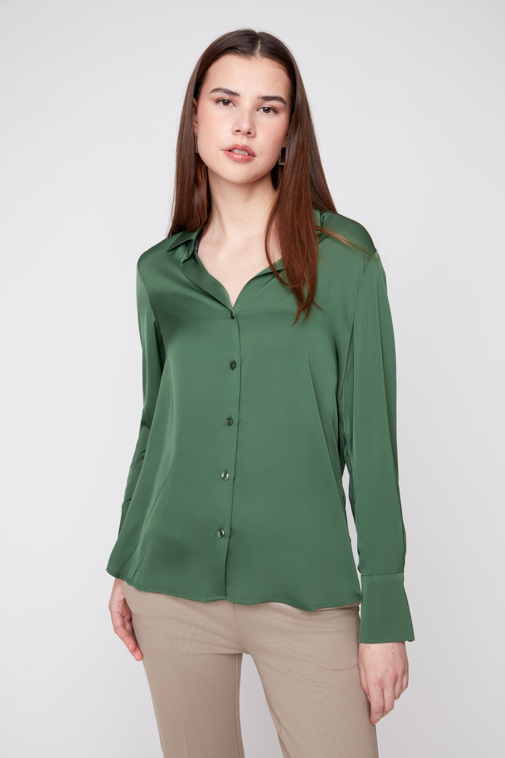Renuar Green Silk Satin Button Down Blouse and Beige Trousers at Tela's Boutique Fresno