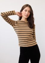 FDJ Long Sleeve Off The Shoulder Sweater, Caramel Stripe