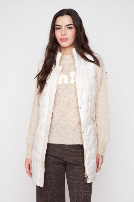Renuar Luxe Quilted Long Vest in Oyster over Knit Sweater and Trousers at Tela's Boutique